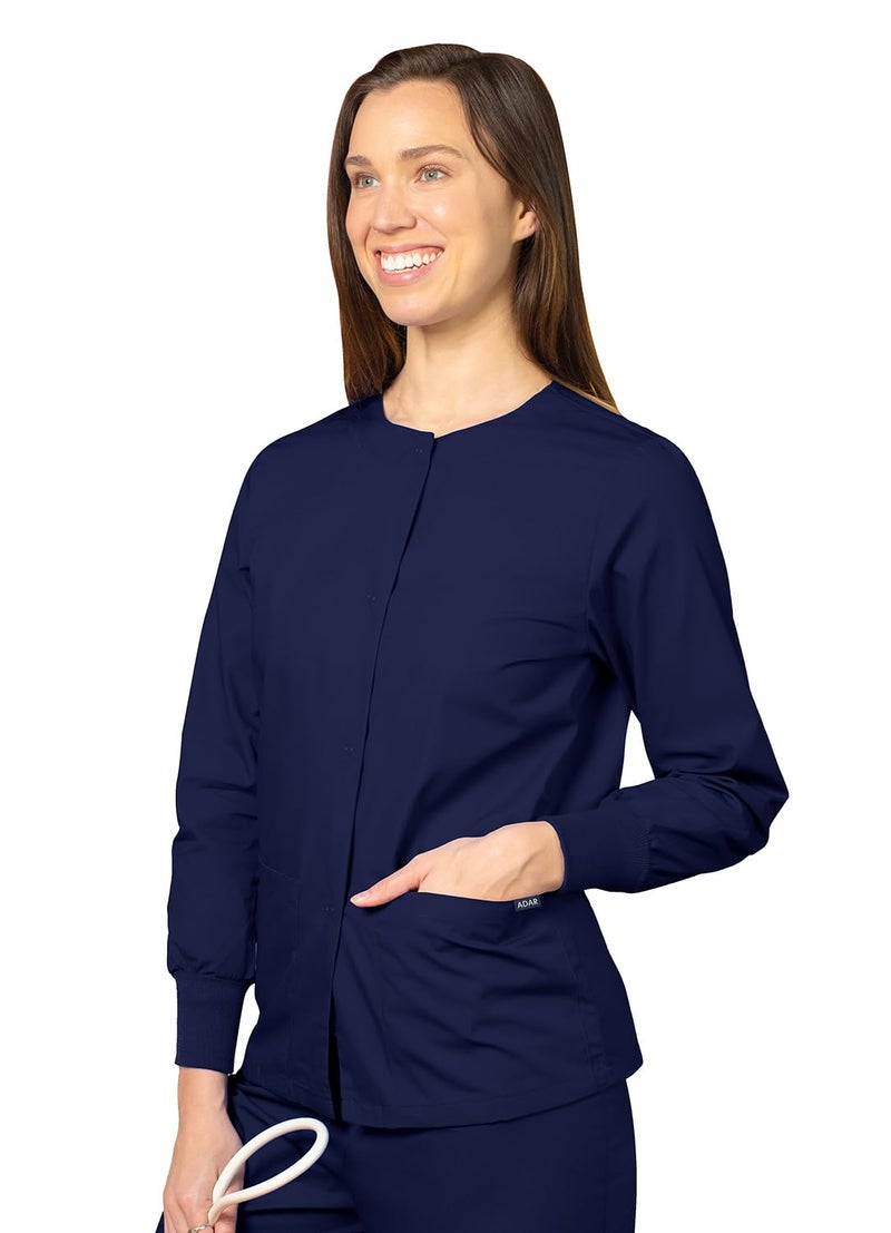 Adar Uniforms Women's Universal Round Neck Warm-Up Scrub Jacket - 602 - Navy - M - Image 3